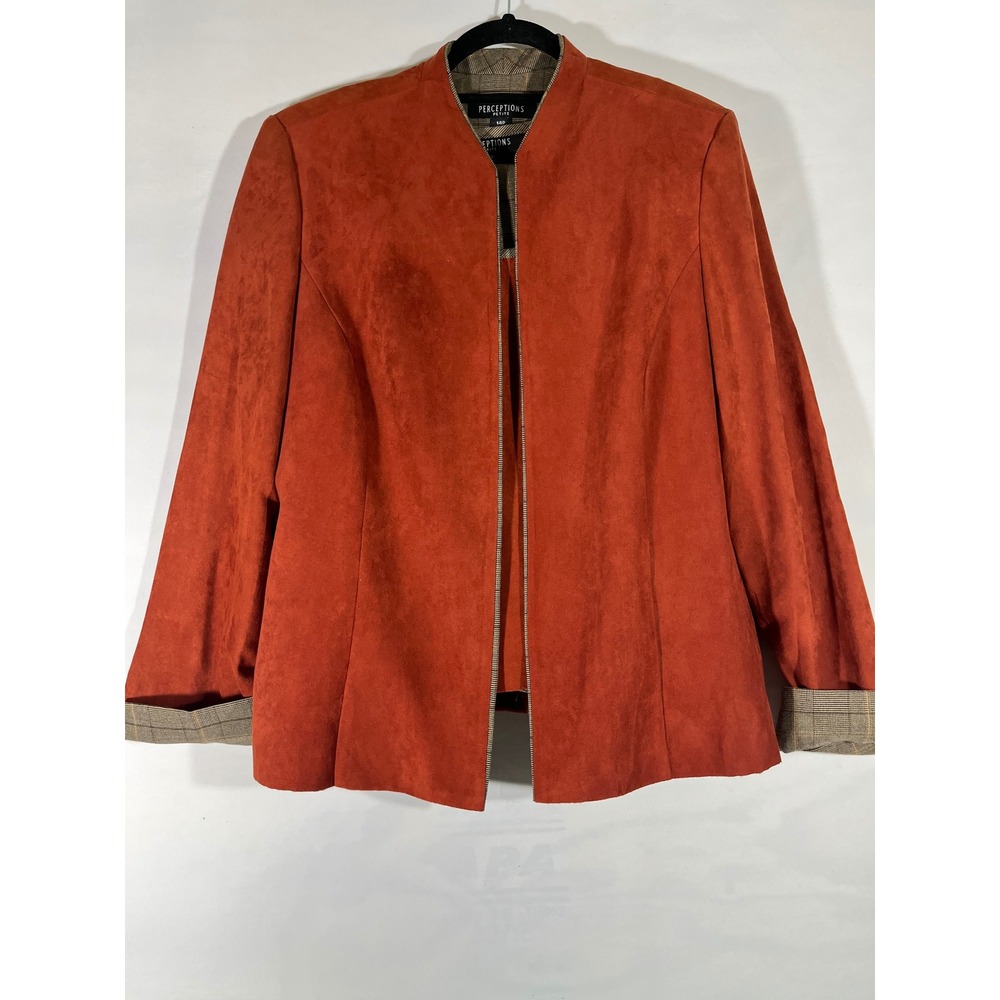 Perceptions Petite Suede‎ 3Piece Suit Collarless Jacket Women 14P Plaid Rust Hue